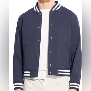 Theory Navy Varsity Bomber Jacket with Striped Trim